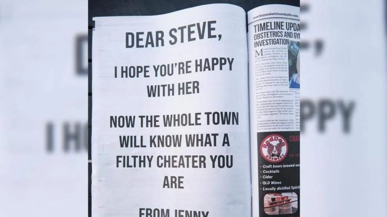 <p> Anuncio contra un infiel en el 'Mackay y Whitsunday Life'.Mackay y Whitsunday Life </p>