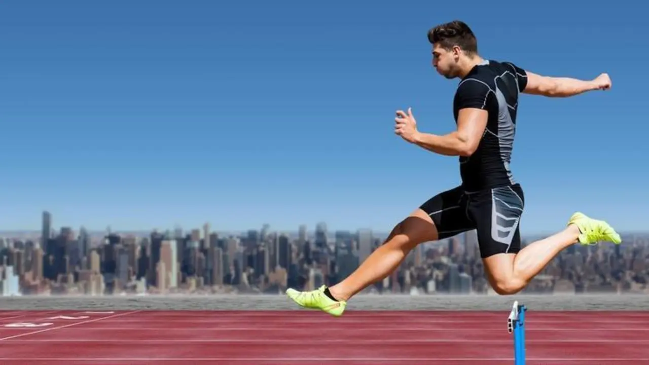 <p> Digital composition of athlete jumping over a hurdle on race track against cityscape in background </p>
