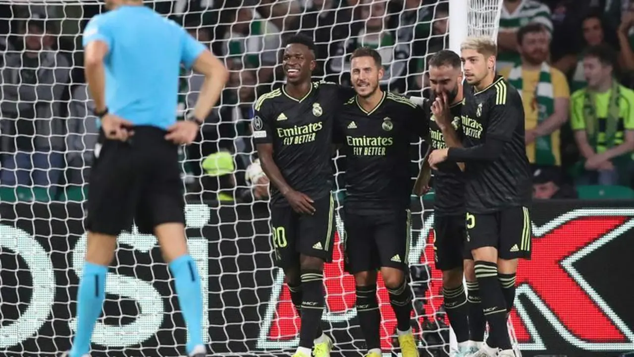 <p> Real Madrid's Eden Hazard, third right, celebrates with teammates after scoring his side's third goal during the Champions League Group F soccer match between Celtic and Real Madrid at Celtic park, Glasgow, Scotland, Tuesday, Sept. 6, 2022. (AP Photo/Scott Heppell) </p>