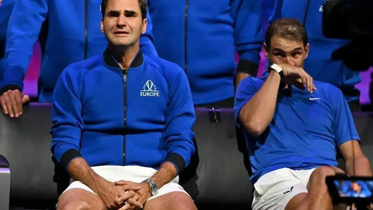 <p> Roger Federer y Rafa Nadal en la despedida del tenista suizo </p>