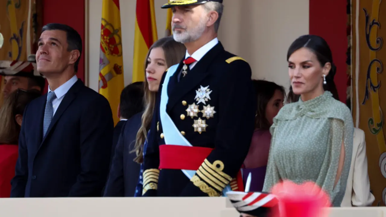 <p> (I-D) El presidente del Gobierno, Pedro S&aacute;nchez; la Infanta Sof&iacute;a; el Rey Felipe VI y la Reina Letizia, durante el acto solemne de homenaje a la bandera nacional y desfile militar en el D&iacute;a de la Hispanidad, a 12 de octubre de 2022, en Madrid (Espa&ntilde;a) - Eduardo Parra - Europa Press </p>
