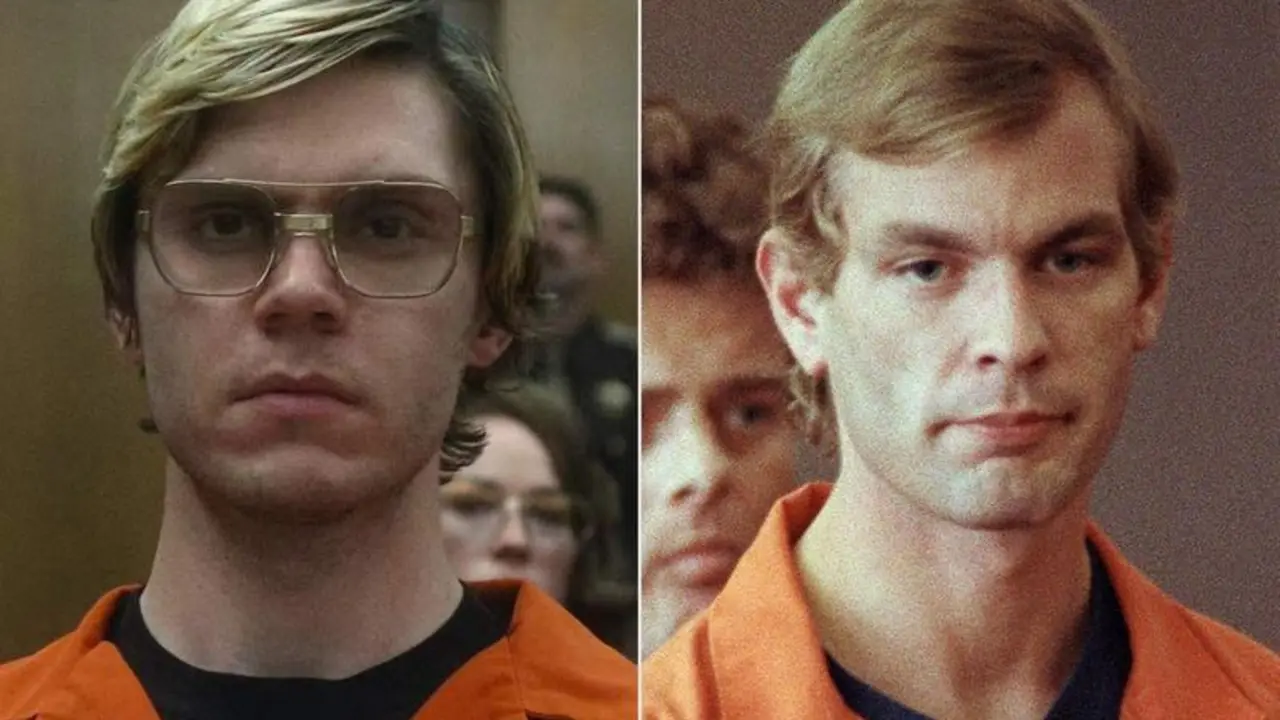 <p> Jeffrey Dahmer (derecha) y Evan Peters (izquierda) representando al asesino en la serie "Monstruo: la historia de Jeffrey Dahmer" de Netflix </p>