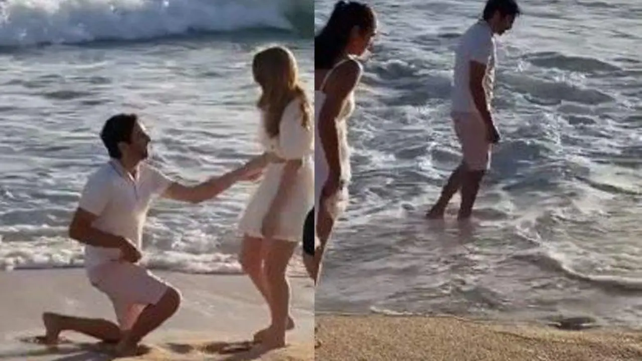 <p> La pareja durante la pedida de mano y luego buscando la sortija </p>