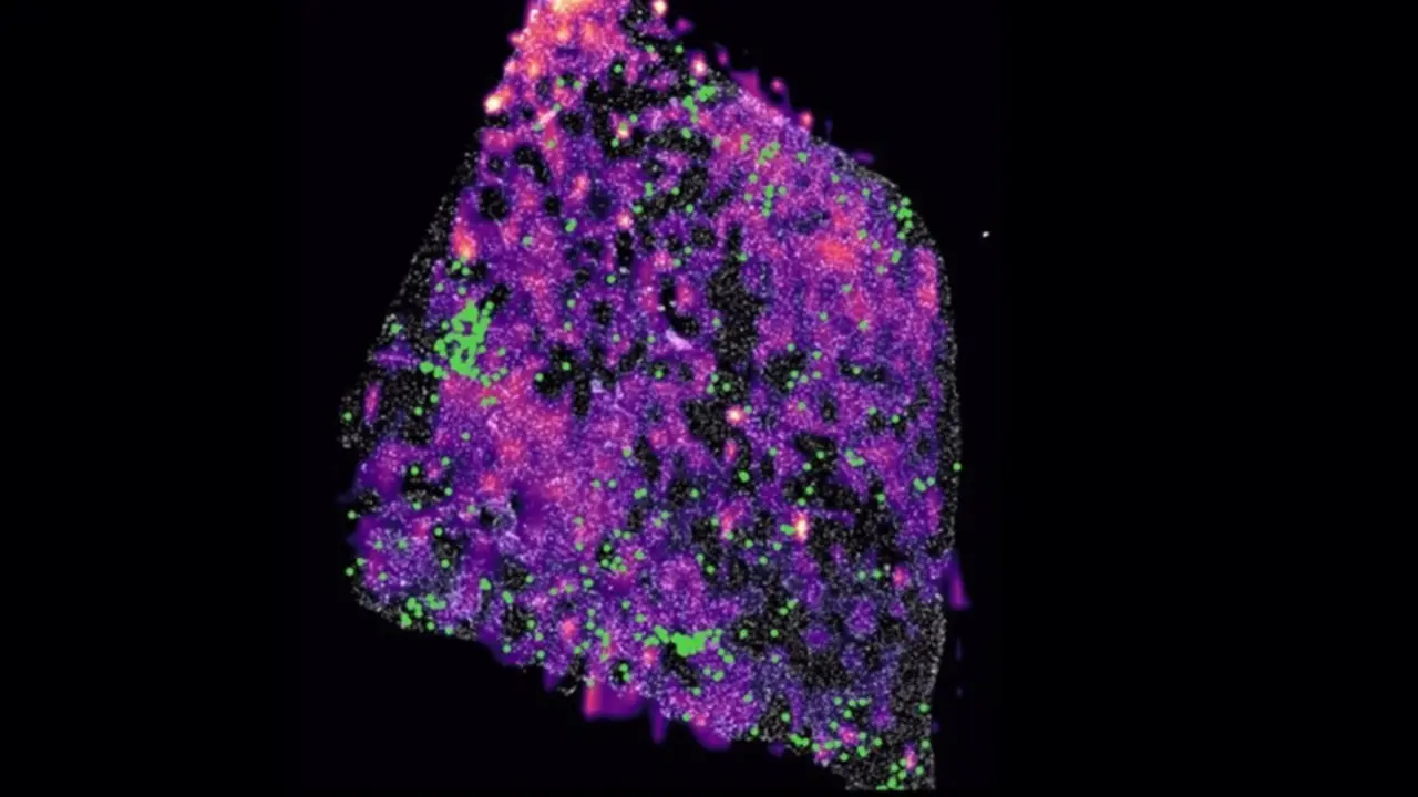 <p> Tumor de glioma humano con una mutaci&oacute;n que muestra grupos de c&eacute;lulas T en verde y cuyos puntos rosa representan concentraciones del metabolito D-2HG. - HARVARD MEDICAL SCHOOL - URV </p>