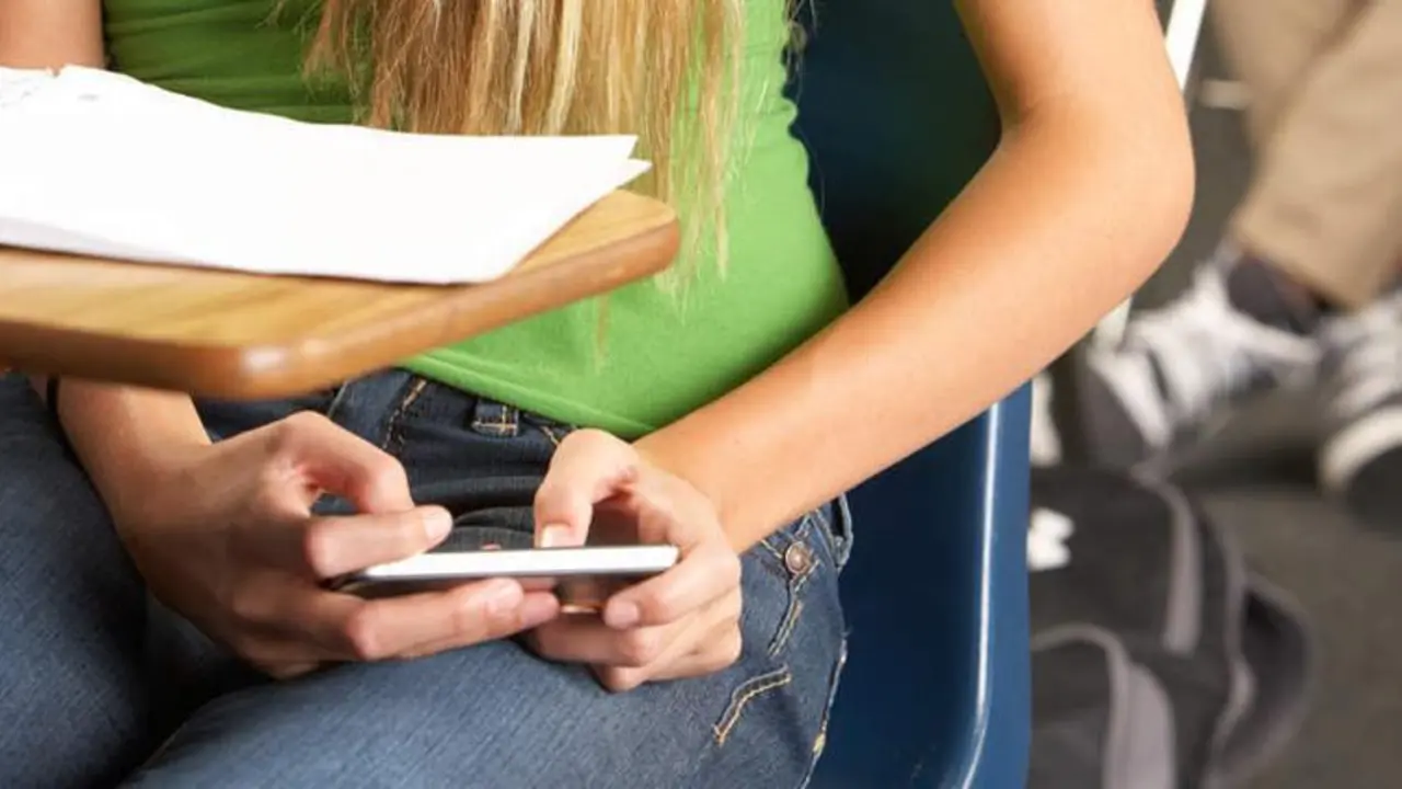  Female Pupil Sending Text Message In Classroom 
