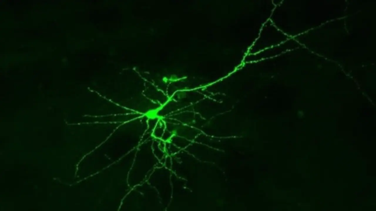  Archivo - Una neurona cultivada vista bajo un microscopio de fluorescencia. - ASTON UNIVERSITY - Archivo 