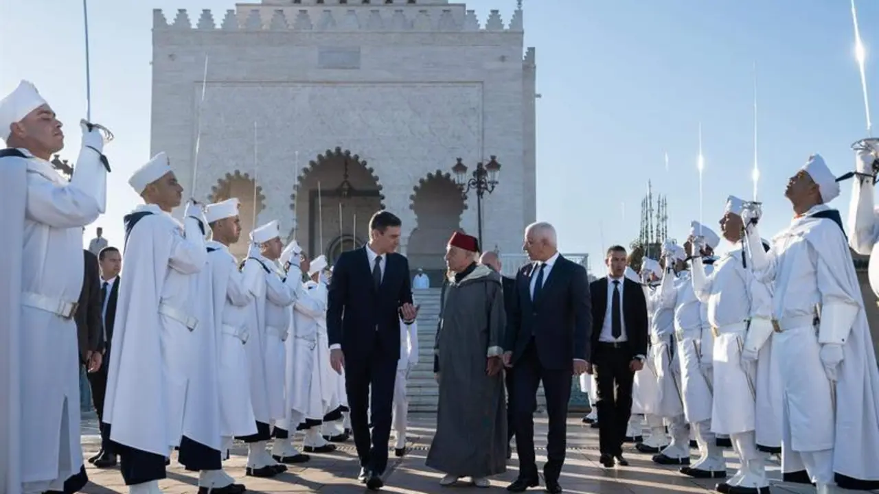  El presidente del Gobierno, Pedro S&aacute;nchez; el historiador del Reino de Marruecos y portavoz del Palacio Real, Abdelhak Lamrin 