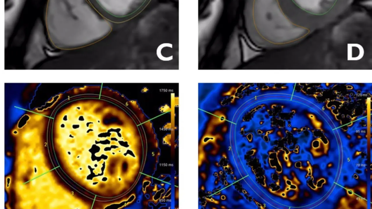  Im&aacute;genes del coraz&oacute;n obtenidas mediante resonancia magn&eacute;tica en las que se analizan distintas estructuras de la anatom&iacute;a y funci&oacute;n del coraz&oacute;n: aur&iacute;culas (A y B), ventr&iacute;culos (C y D), caracter&iacute;sticas del tejido cardiaco (E y F). - CNIC 