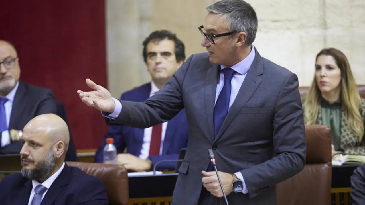  El portavoz del Grupo Parlamentario Vox, Manuel Gavira, en su pregunta al presidente de la Junta de Andaluc&iacute;a, Juanma Moreno. - Joaquin Corchero - Europa Press 