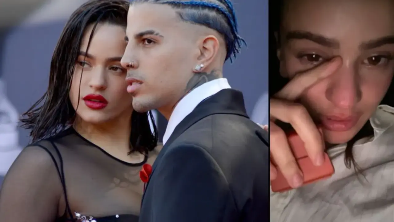  Rosal&iacute;a y Rauw Alejandro (Izq) Rosal&iacute;a al final del videoclip, anillo en mano (Der) 