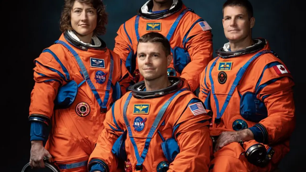  De izquierda a derecha, los estadounidenses Christina Koch, Reid Wiseman (sentado) y Victor Glover; y el canadiense Jeremy Hansen.Josh Valcarcel (NASA) 