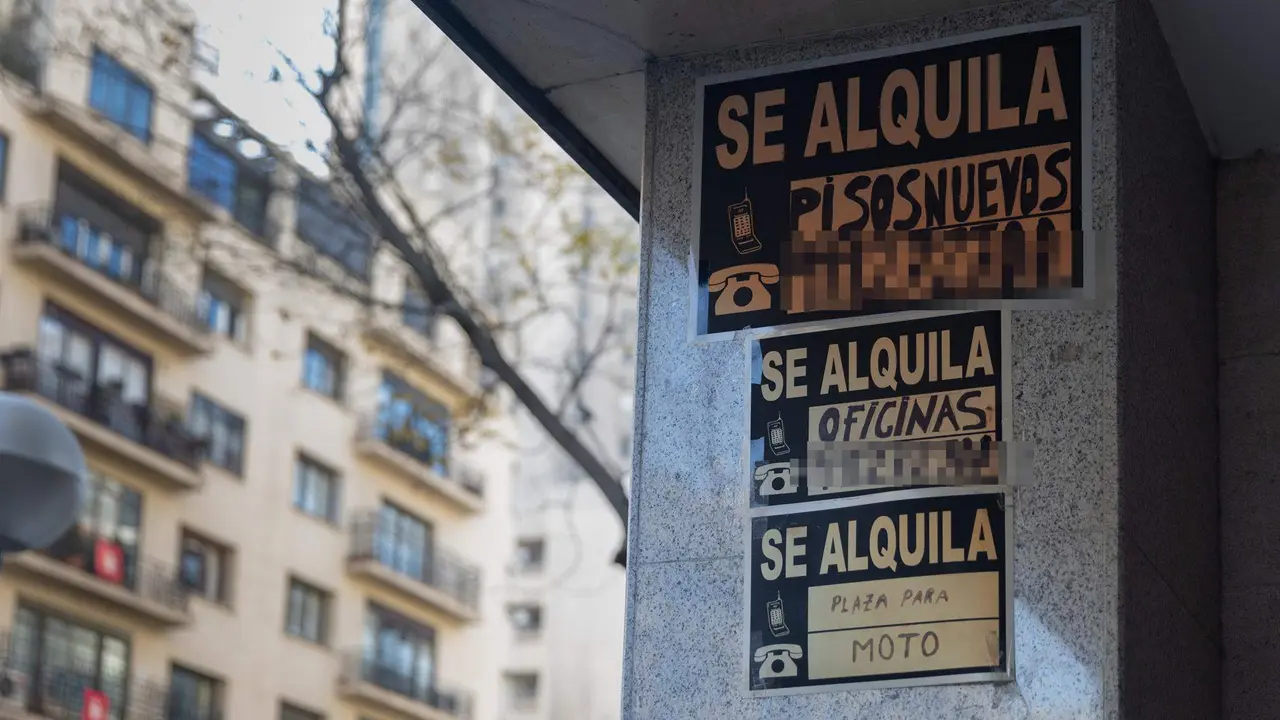  Carteles de 'Se alquila' pegados en un edificio 