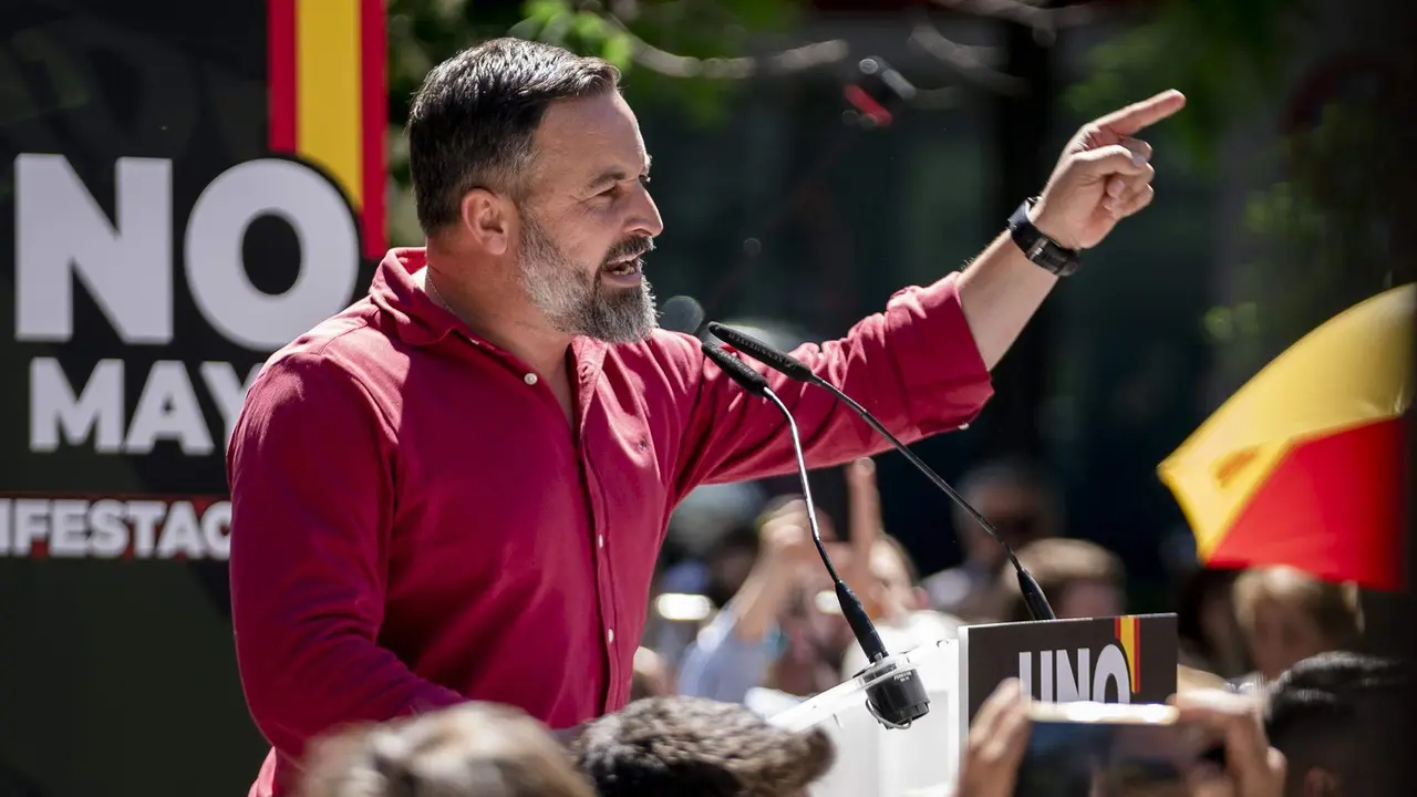  El l&iacute;der de VOX, Santiago Abascal, durante un mitin de VOX y Solidaridad por el D&iacute;a Internacional del Trabajador 