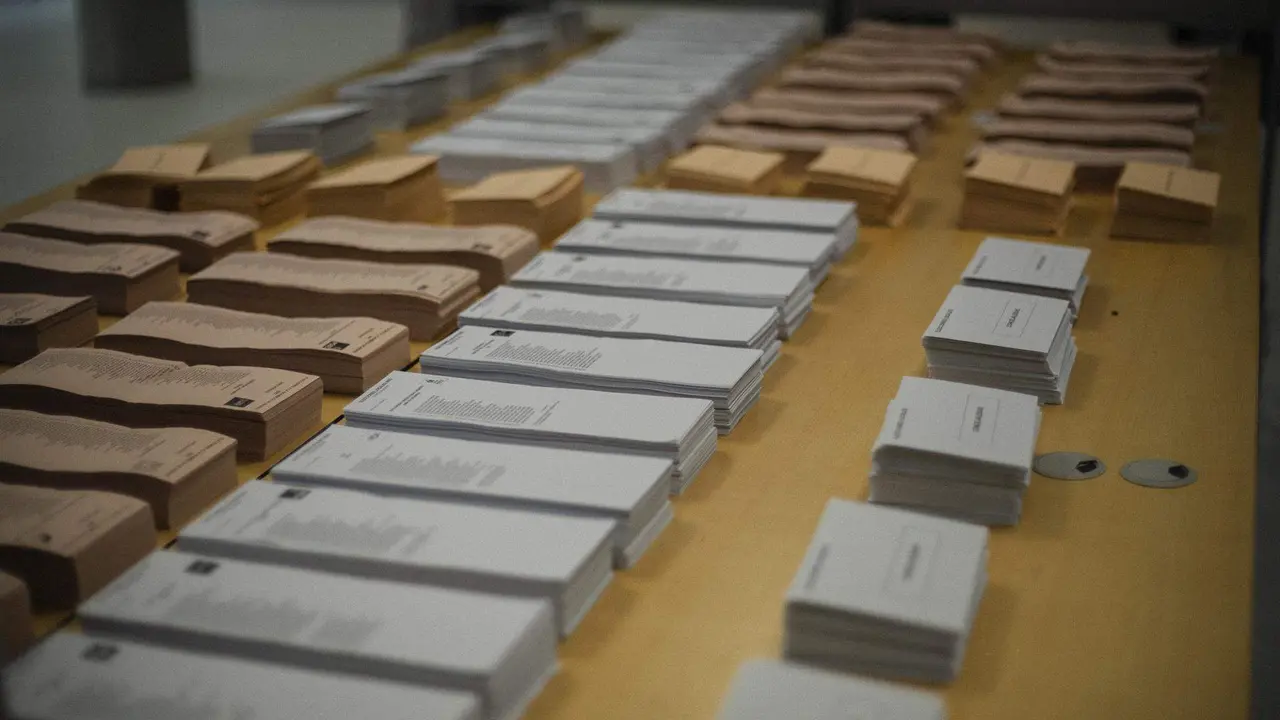  Papeletas electorales y sobres en un colegio electoral, a 27 de mayo de 2023 