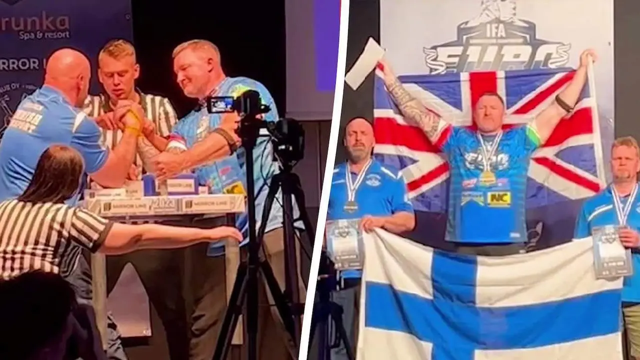  Mark Waldon competing in Finland at the European Championships (L) and winning gold (R).  See SWNS story SWLNarmwrestle.  A British grandad has become one of the world's best arm-wrestlers - after only taking up the sport three years ago.  Mark Waldon, 53, discovered professional arm wrestling in lockdown and is now competing at an international level.  He joined Milton Keynes Arm Wrestling Club after researching how to get involved with the sport online.  His first few bouts ended in heavy defeat, but six-months into his arm wrestling career it was clear he was a special talent.  And, earlier this month, Mark won gold while representing Team GB at the International Federation of Arm Wrestling (IFA) European Championships in Finland.  