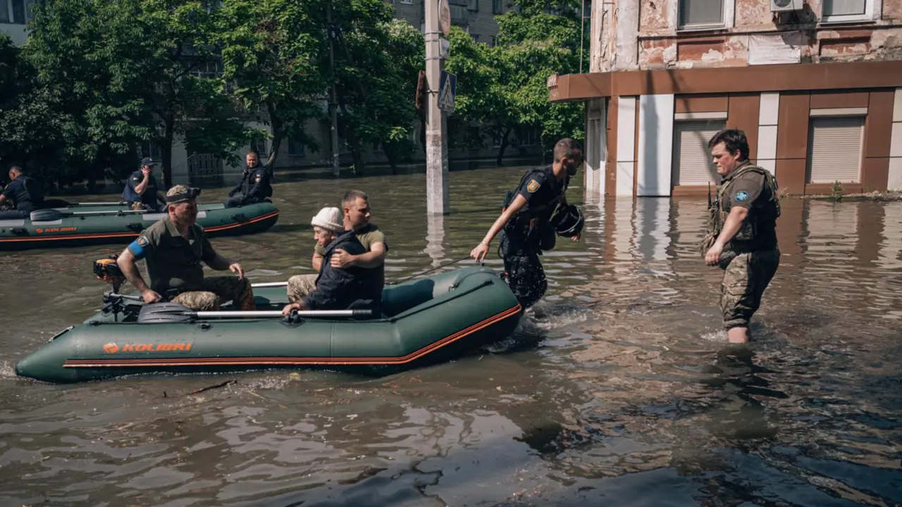  Evacuaci&oacute;n de residentes atrapados en Jers&oacute;n por la inundaci&oacute;n provocada por el ataque contra la presa de Kajovka - Nicolas Cleuet/Le Pictorium Via / Dpa 