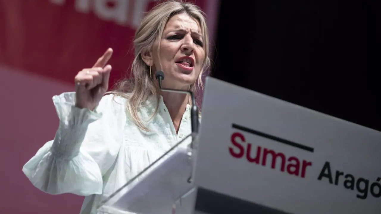  La candidata de Sumar, Yolanda D&iacute;az, durante un acto de campa&ntilde;a electoral junto a candidatos al Congreso de los Diputados por la provincia, en la sala Multiusos del Auditorio de Zaragoza, a 7 de julio de 2023, en Zaragoza, Arag&oacute;n (Espa&ntilde;a) - Marcos Cebri&aacute;n - Europa Press 