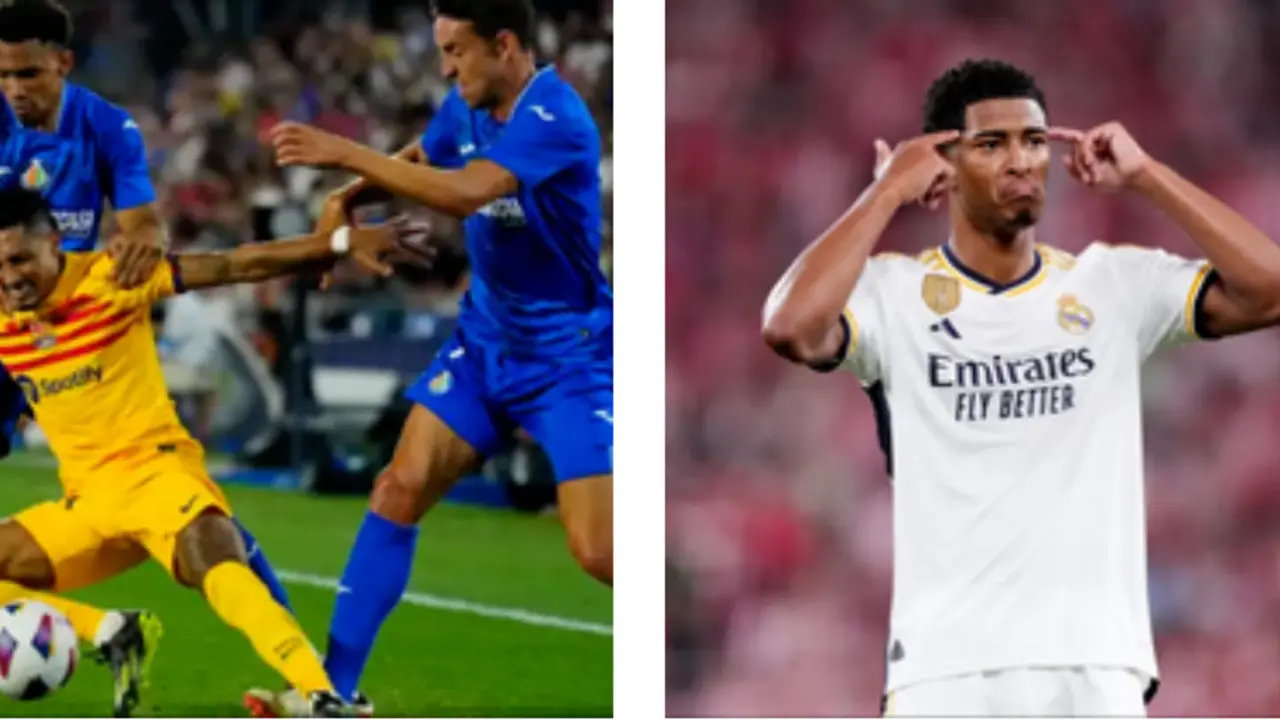  Raphinha siendo presionado por jugadores del Getafe // Bellingham ante el Athletic Club 