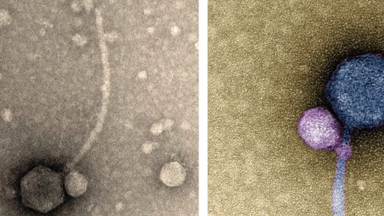  Im&aacute;gene obtenidas con microscop&iacute;a TEM y coloreadas del virus sat&eacute;lite adherido a su ayudante - TAGIDE DECARVALHO - UMBC - UAB 