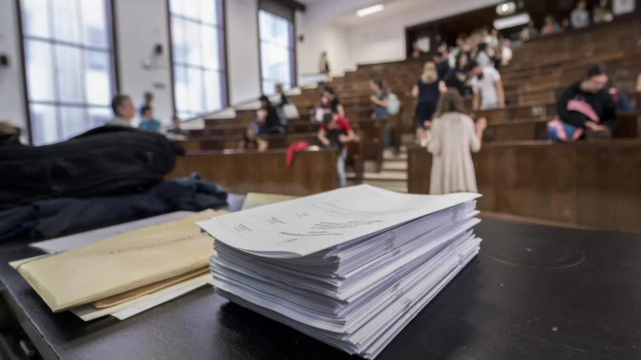  Archivo - Un conjunto de ex&aacute;menes apilados el primer d&iacute;a de las pruebas de acceso a la universidad 2023 en la Facultad de Farmacia de la Universidad Complutense (UCM), a 5 de junio de 2023, en Madrid (Espa&ntilde;a). - A. P&eacute;rez 