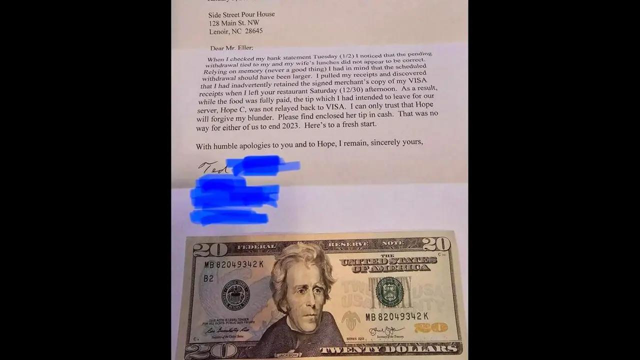  La carta con la propina que ted envi&oacute; a Hope, la camarera que le atendi&oacute; 