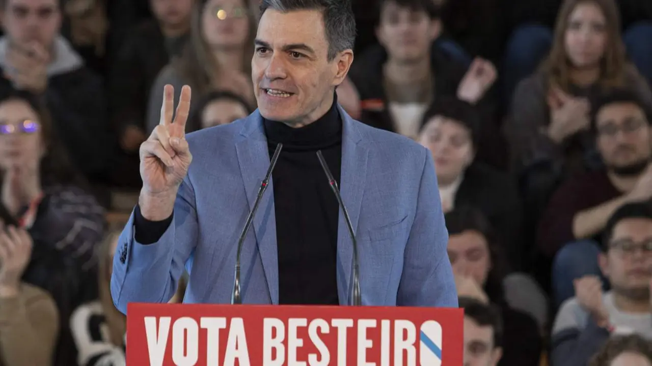  El secretario general del PSOE y presidente del Gobierno, Pedro S&aacute;nchez, interviene durante un mitin de campa&ntilde;a, a 10 de febrero de 2024, en Vigo, Pontevedra, Galicia (Espa&ntilde;a). - Adri&aacute;n Irago - Europa Press 
