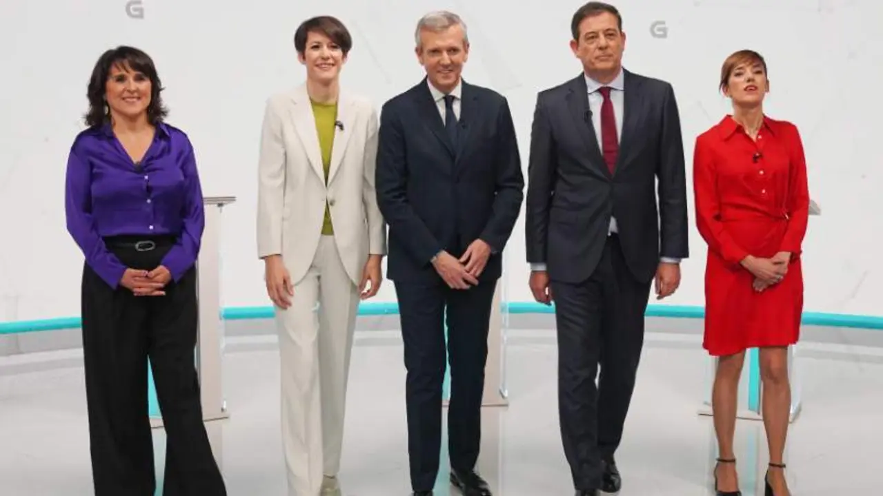  La candidata de Podemos Galicia a la Presidencia de la Xunta, Isabel Faraldo, la candidata del BNG a la Presidencia de la Xunta de Galicia, Ana Pont&oacute;n, el presidente de la Xunta de Galicia y candidato del PP a la reelecci&oacute;n, Alfonso Rueda, el candid 