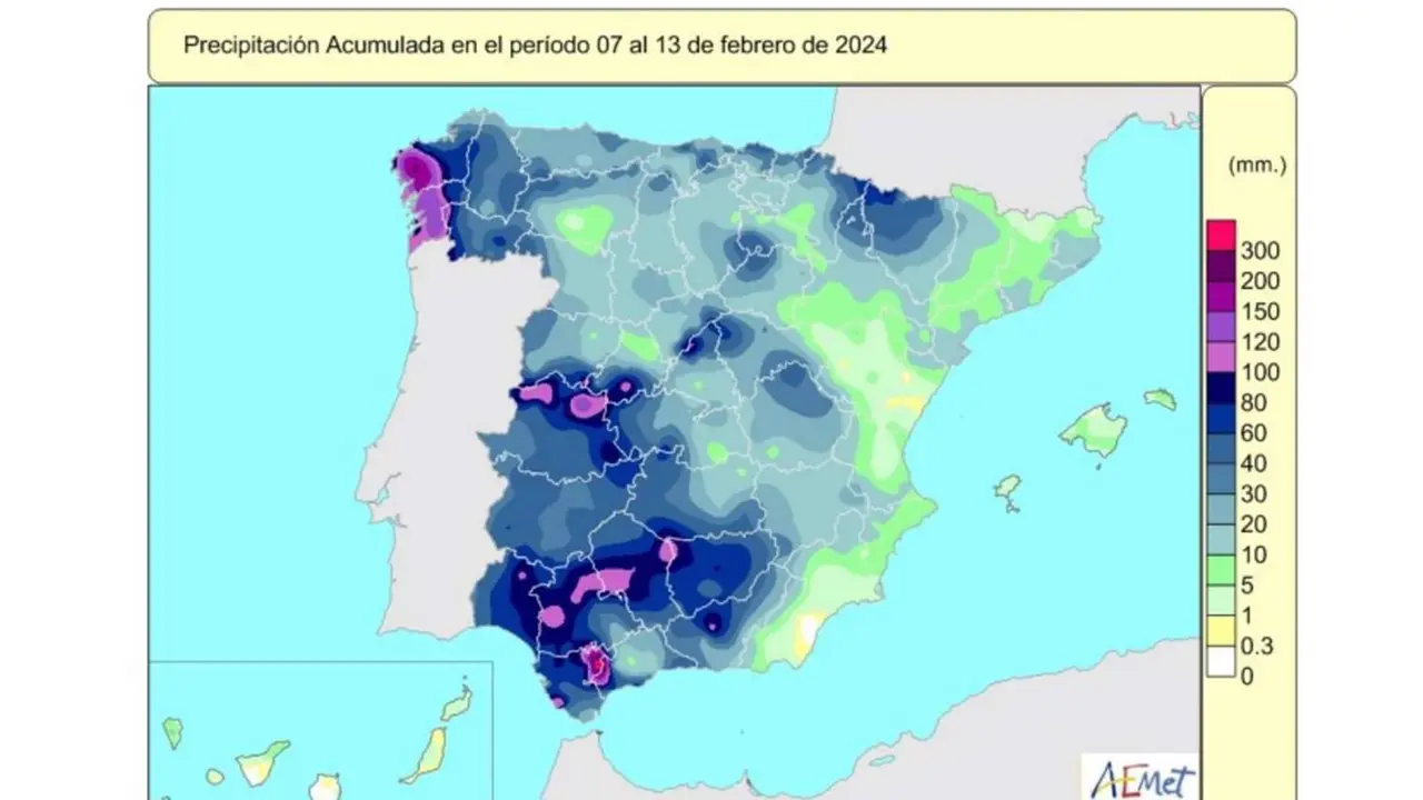  Precipitaciones acumuladas del 7 al 13 de febrero de 2024. - AEMET 