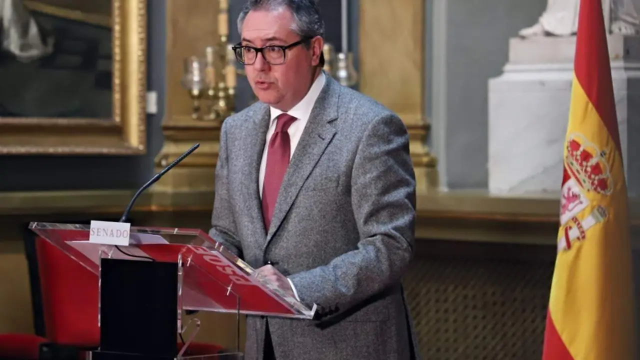  El secretario general del PSOE-A, Juan Espadas, este martes en rueda de prensa en el Senado. - PSOE 