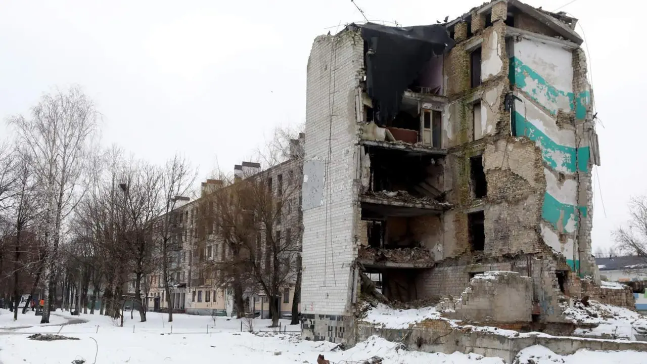  January 24, 2024, Borodianka, Kyiv Region, Ukraine: KYIV REGION, UKRAINE - JANUARY 24, 2024 - A multi-storey building destroyed by Russian shelling on Tsentralna Street of Borodianka, Kyiv region, north-central Ukraine. - Volodymyr Tarasov / Zuma Press / Contactophoto 