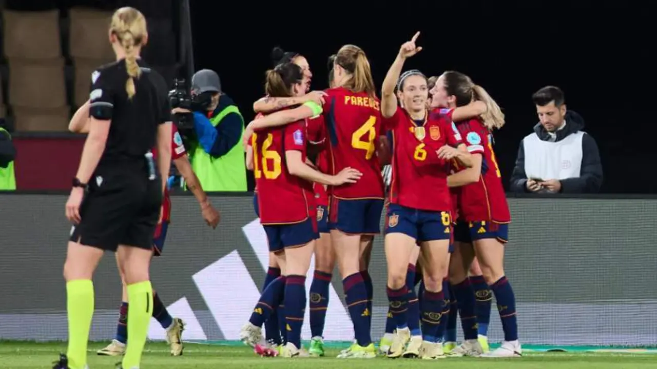  Aitana Bonmati of Spain celebrates a goal during the Final UEFA Womens Nations League match played between Spain and France at La Cartuja stadium on February 28, 2024, in Sevilla, Spain. 