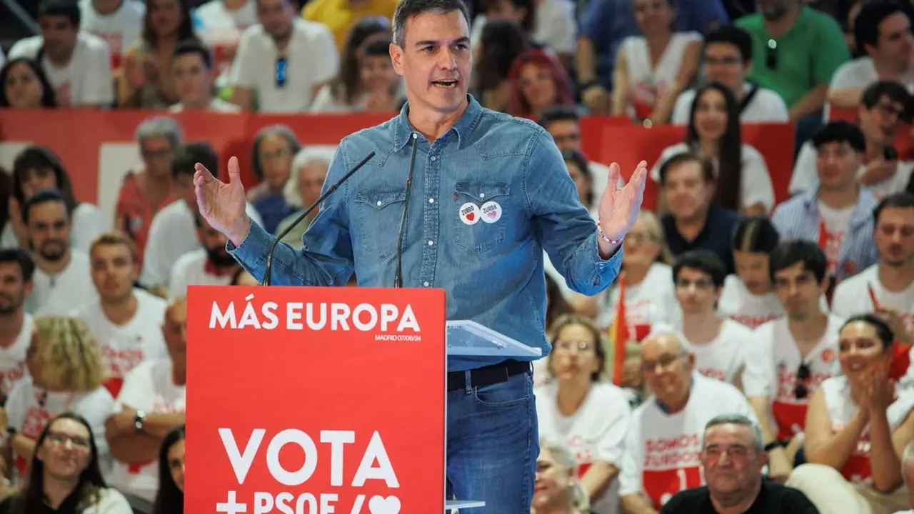  El secretario general del PSOE y presidente del Gobierno, Pedro S&aacute;nchez, durante el acto electoral - Alejandro Mart&iacute;nez V&eacute;lez - Europa Press 
