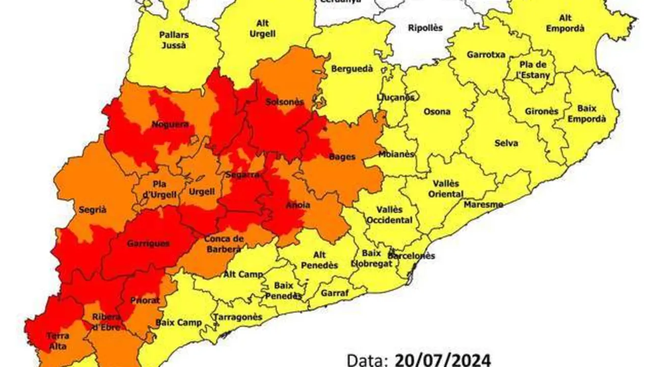  Mapa de las comarcas con m&aacute;s riesgo este s&aacute;bado - @AGENTSRURALSCAT | EP 
