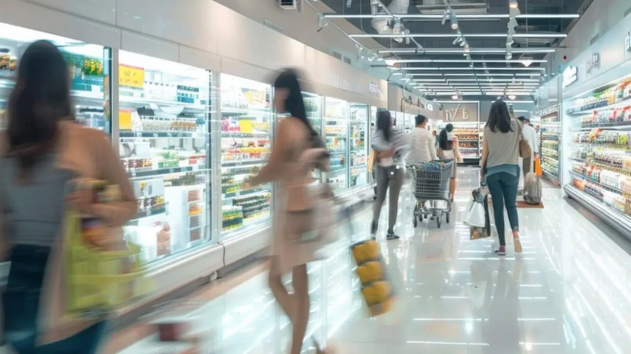  Pasillo de productos refrigerados en el interior de un supermercado. 