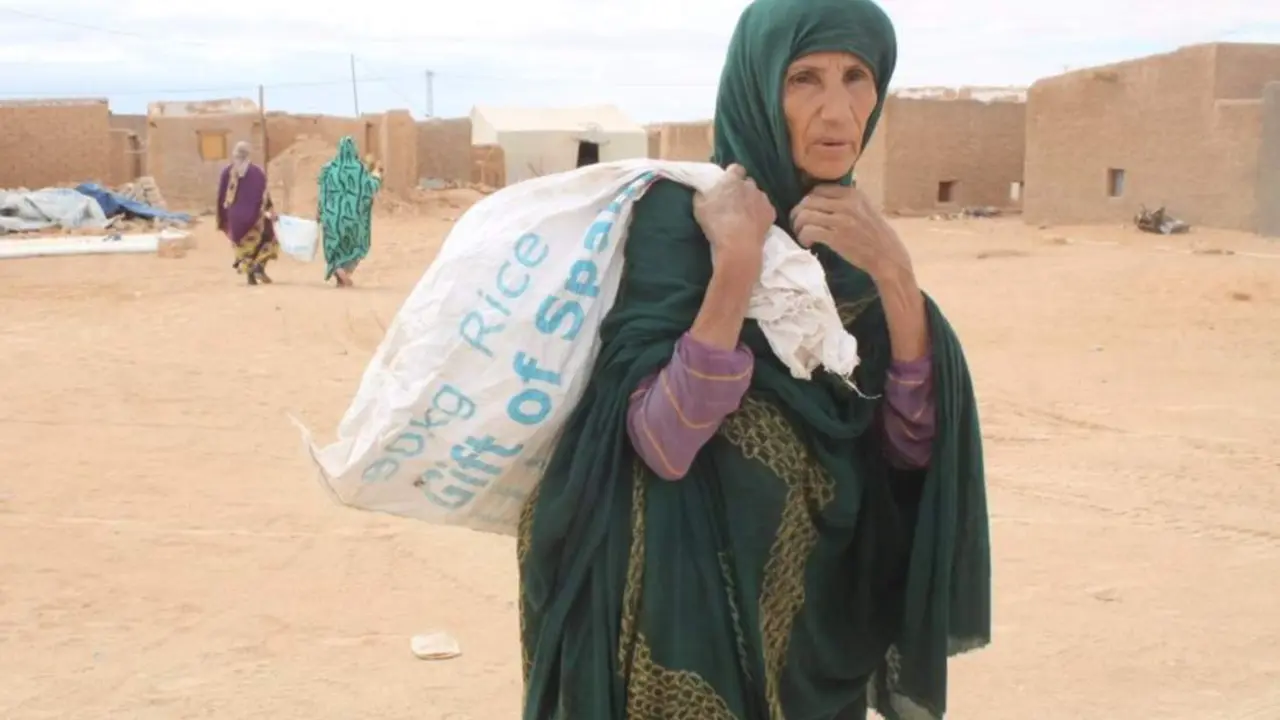  Archivo - Una refugiada saharaui carga un saco con comida del Programa Mundial de Alimentos - PROGRAMA MUNDIAL DE ALIMENTOS - Archivo 