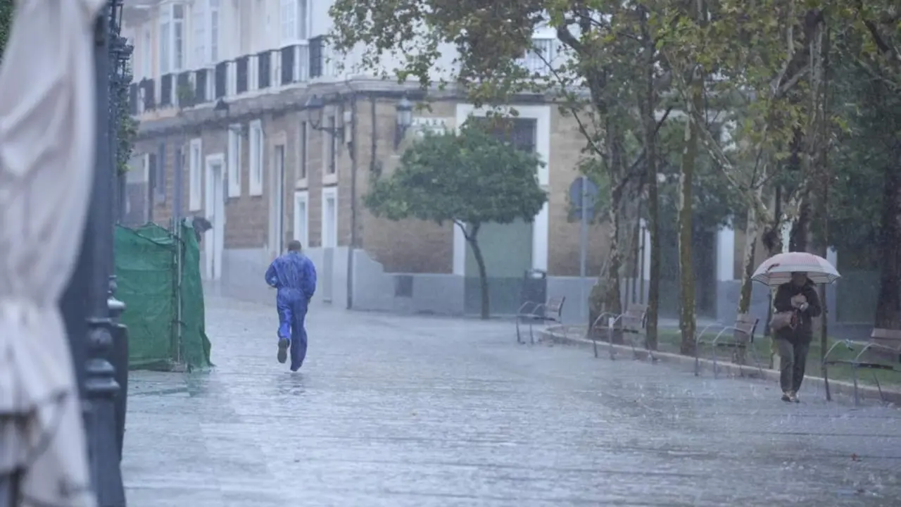  Transeuntes bajo sus paraguas durante la intensa lluvia. A 11 de octubre de 2024, en C&aacute;diz (Andaluc&iacute;a, Espa&ntilde;a). - Joaquin Corchero - Europa Press 