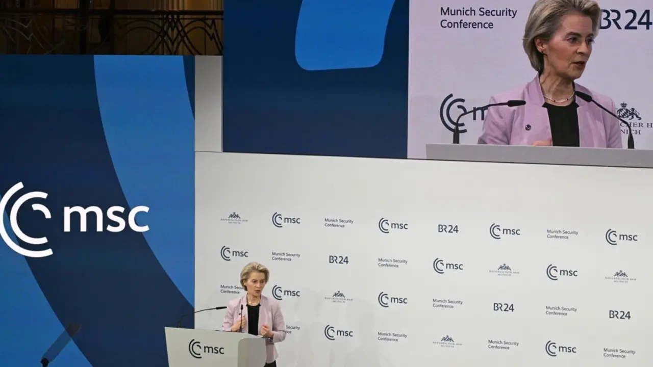  14 February 2025, Bavaria, Munich: EU Commission President, Ursula von der Leyen, speaks at the opening of the 61st Munich Security Conference (MSC) at the Bayerischer Hof conference hotel. Photo: Boris Roessler/dpa - Boris Roessler/dpa 