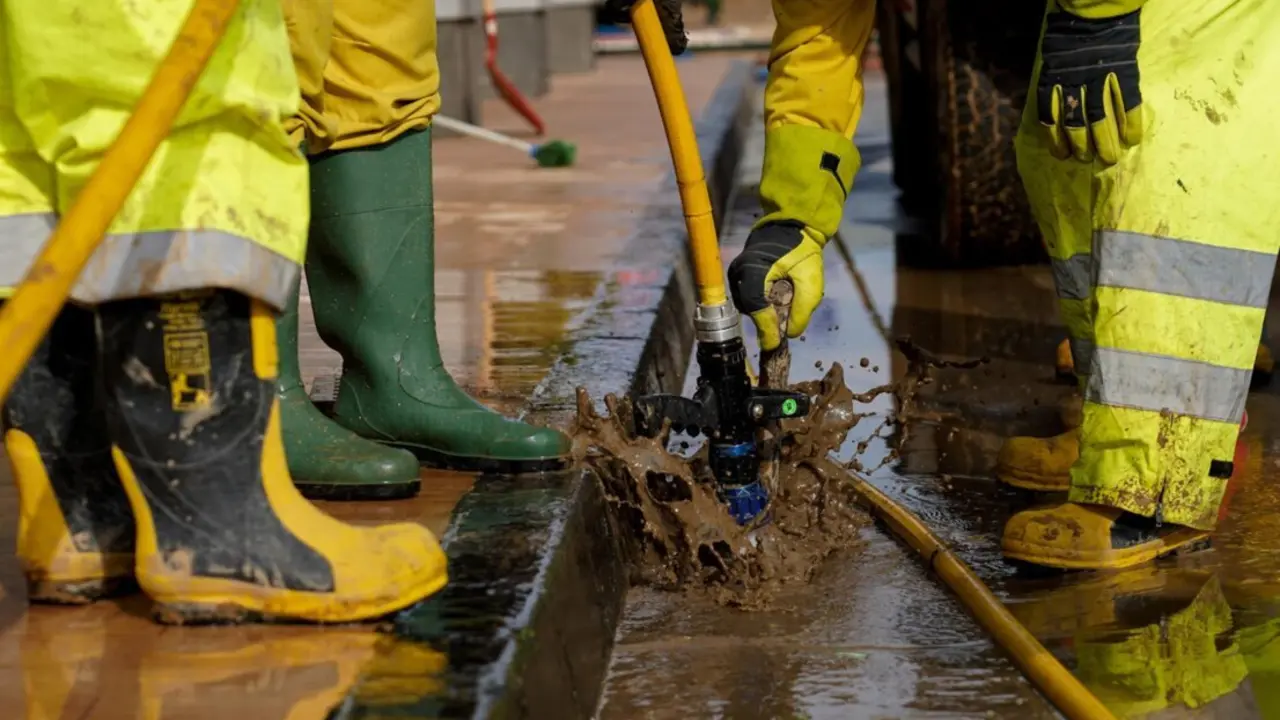  Archivo - Varias personas desatascan una alcantarilla en el pol&iacute;gono, a 14 de noviembre de 2024, en Alfafar, Valencia, Comunidad Valenciana (Espa&ntilde;a). El pasado 29 de octubre una DANA asol&oacute; la provincia de Valencia. La peor gota fr&iacute;a del pa&iacute;s en el siglo s - Eduardo Manzana - Europa Press - Archivo 