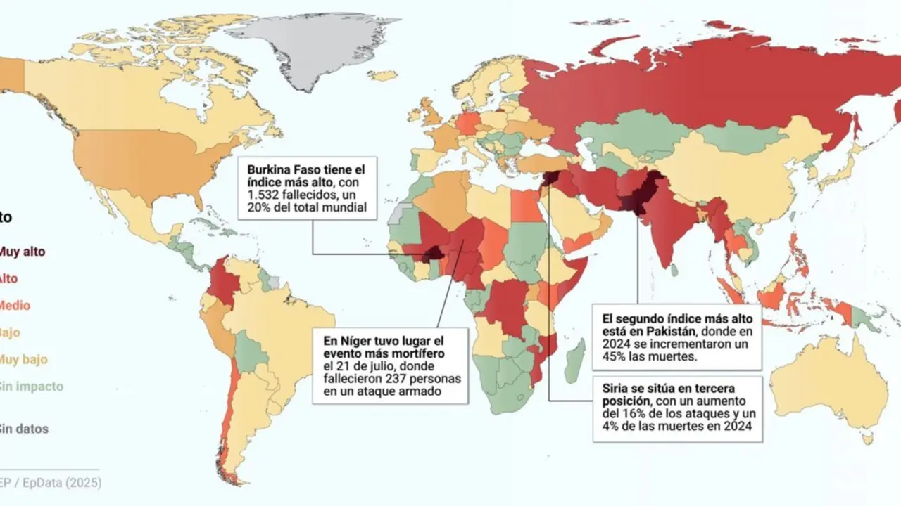  Mapa con estado del terrorismo en el mundo en el a&ntilde;o 2024. La regi&oacute;n del Sahel sigue siendo el epicentro del terrorismo, y representa m&aacute;s de la mitad de todas las muertes por terrorismo a nivel mundial. - Europa Press 