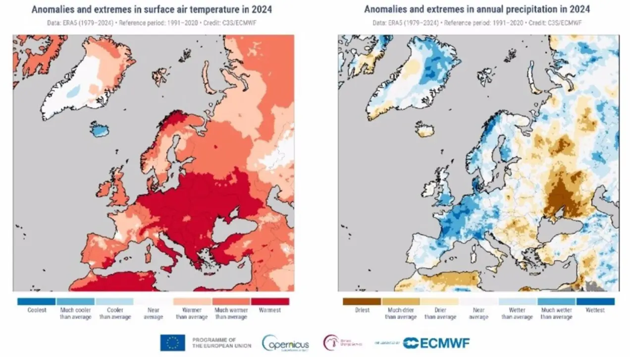  Anomal&iacute;as y extremos en la temperatura anual del aire en superficie en 2024 (Izquierda) Anomal&iacute;as y extremos de las precipitaciones anuales en 2024 (Derecha). - C3S 