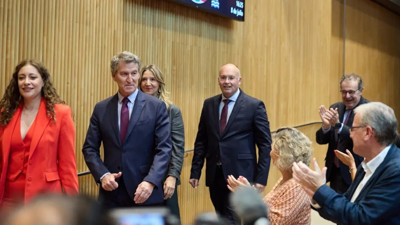  (I-D) La portavoz del PP en el Congreso, Ester Mu&ntilde;oz; el presidente del PP, Alberto N&uacute;&ntilde;ez Feij&oacute;o; la portavoz del PP en el Senado, Alicia Garc&iacute;a, y el secretario general del PP, Miguel Tellado, durante la reuni&oacute;n plenaria de los grupos parlamentarios del<br>- Jes&uacute;s Hell&iacute;n - Europa Press 