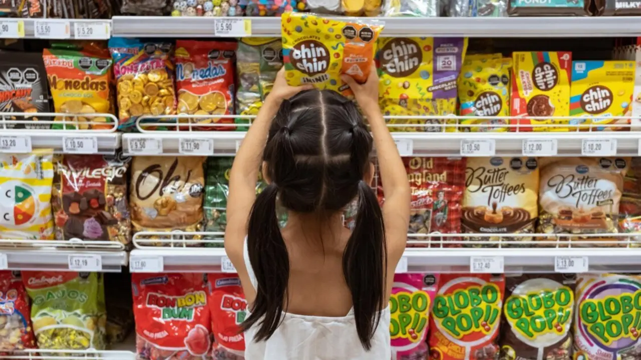  El 30 de marzo de 2023, en Lima, Per&uacute;, Micaella Delgado, de 8 a&ntilde;os, toma un paquete de dulces del estante de un supermercado. Escoge los dulces que est&aacute;n expuestos a su altura.<br>- FLORENCE GOUPIL - HIGHWAY CHILD 