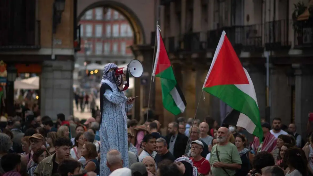  Un grupo de personas con banderas palestinas durante una concentraci&oacute;n en contra de la interceptaci&oacute;n de la Flotilla de la Libertad<br>- Fernando S&aacute;nchez - Europa Press 