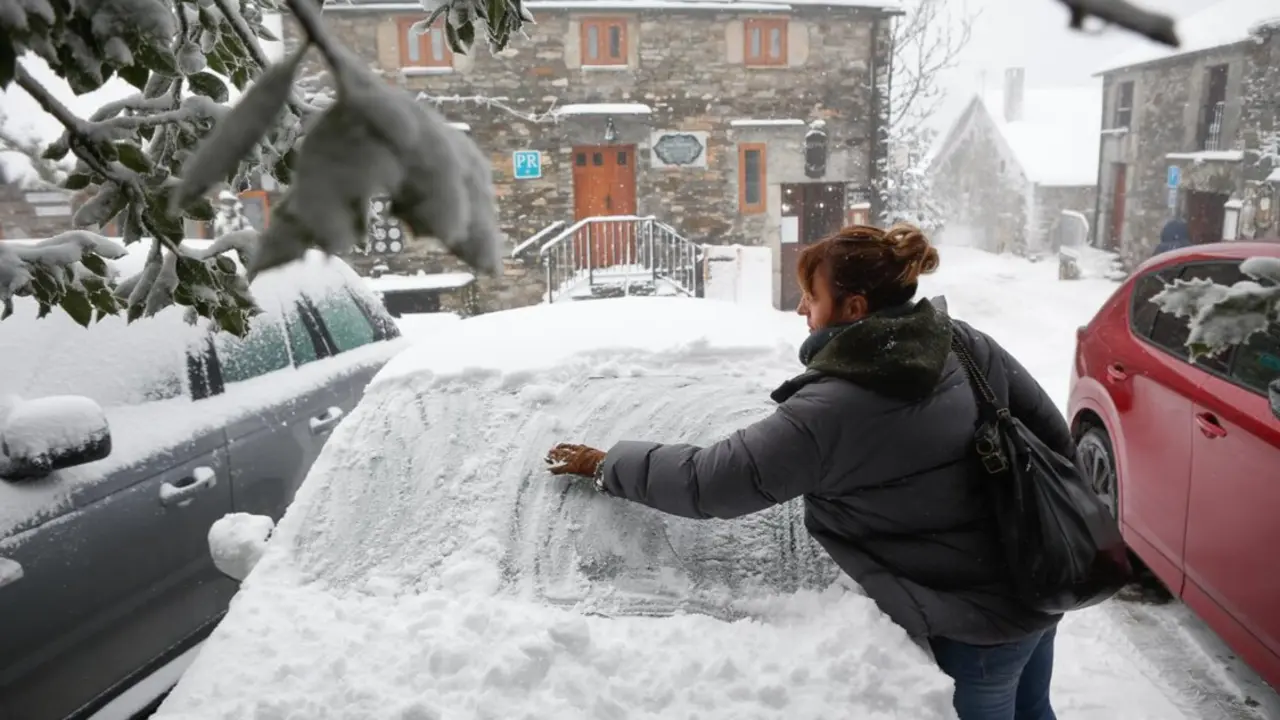 Archivo - Una mujer limpia la nieve de su coche, a 9 de diciembre de 2024, en Pedrafita do Cebreiro, Lugo, Galicia (Espa&ntilde;a).
- Carlos Castro - Europa Press - Archivo