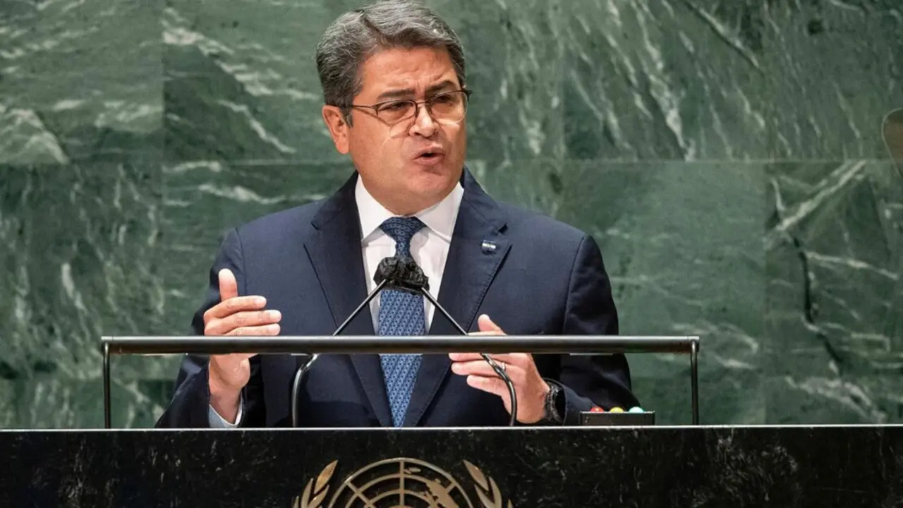 Imagen de archivo del 22/09/2021 de Juan Orlando Hern&aacute;ndez en la Asamblea General de la ONU. EDUARDO MUNOZ/AFP