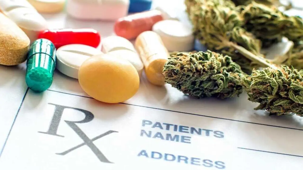 Close up of prescription pills with medical cannabis and prescription paper