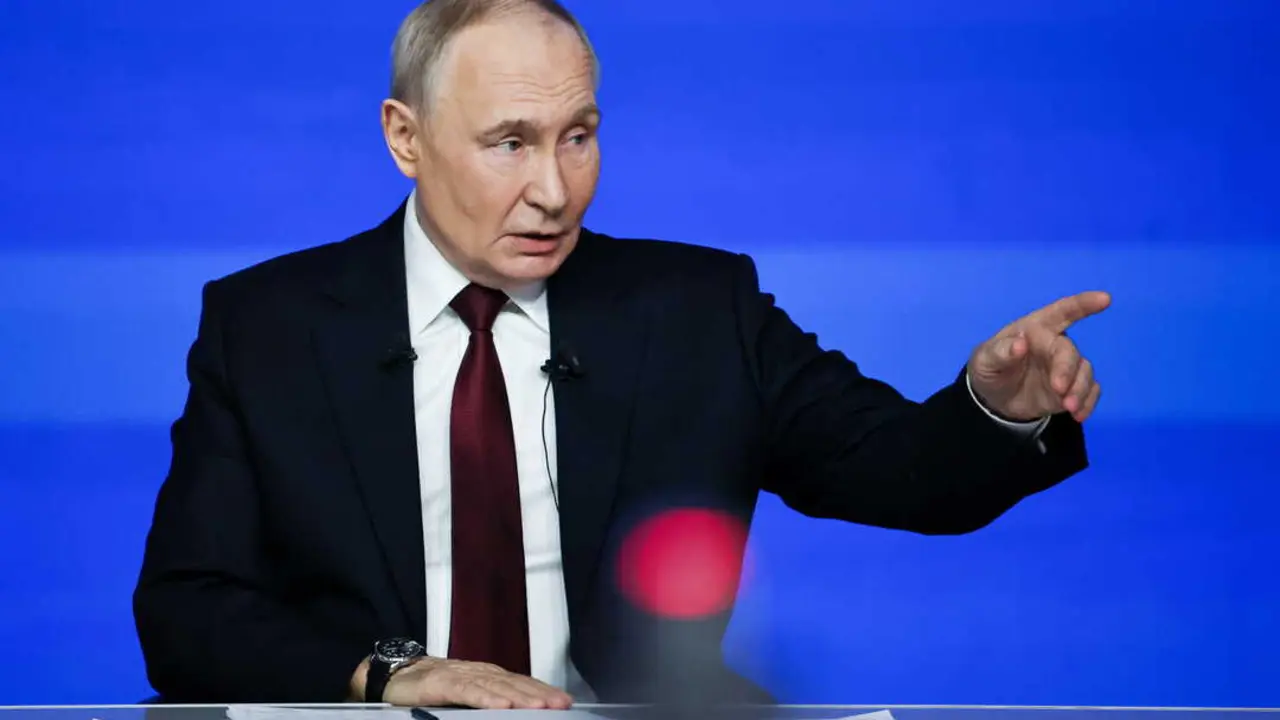 RUSSIA, MOSCOW - DECEMBER 19, 2025: Vladimir Putin, President of Russia, holds an annual year-end televised live phone-in and news conference at Gostiny Dvor. Mikhail Tereshchenko/TASS