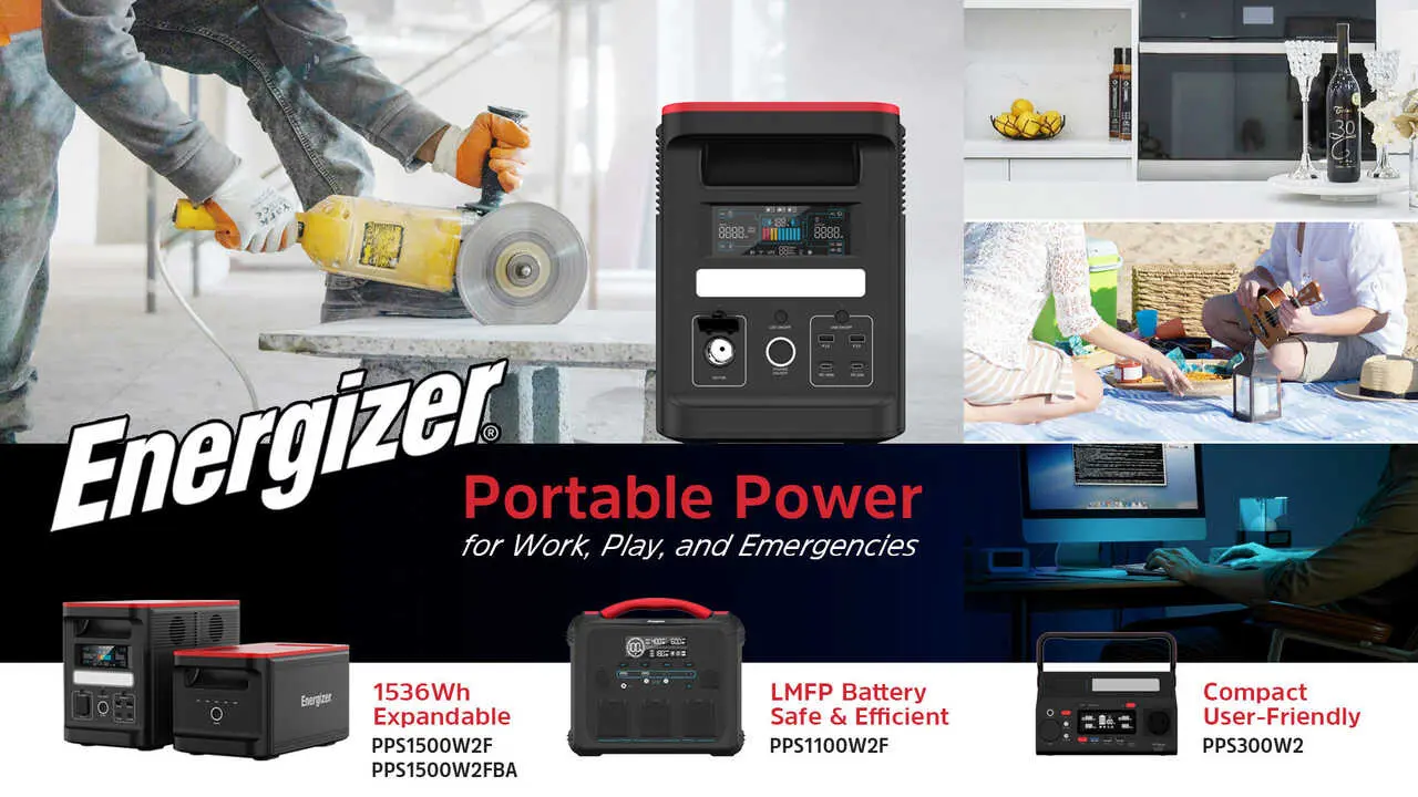 A lifestyle scene showcasing an Energizer Portable Power Station powering lights, devices, and appliances across everyday and outdoor settings.