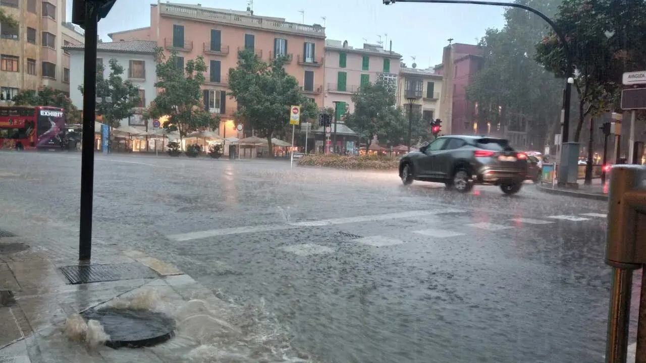Archivo - Vista de la plaza Juan Carlos I de Palma (Mallorca) durante un d&iacute;a de lluvia.