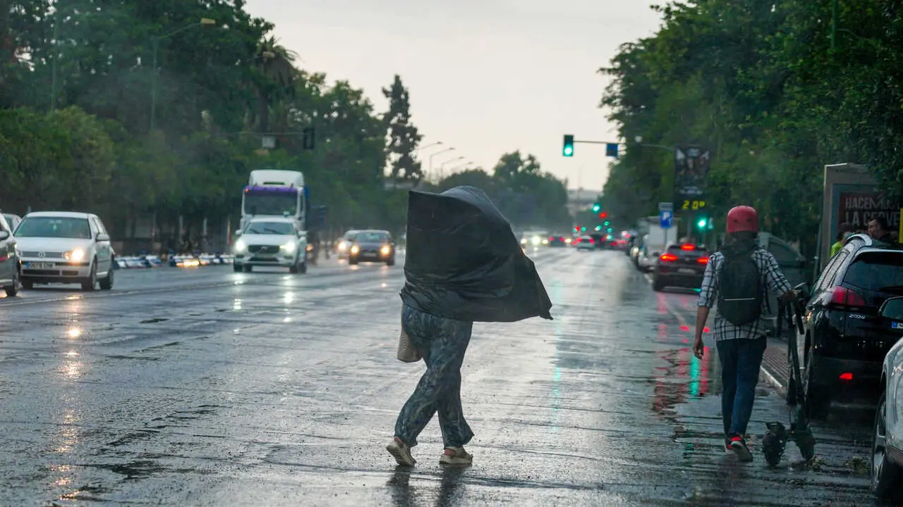 Archivo - Viandantes con paraguas por la zona del Parque de Mar&iacute;a Luisa, a 18 de mayo de 2023, en Sevilla, (Andaluc&iacute;a, Espa&ntilde;a).